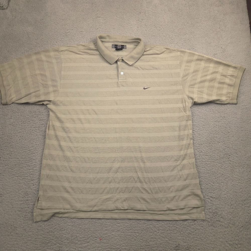 Nike Golf Polo Shirt Mens XXL Beige Tan‎ Striped Textured Swoosh Cotton